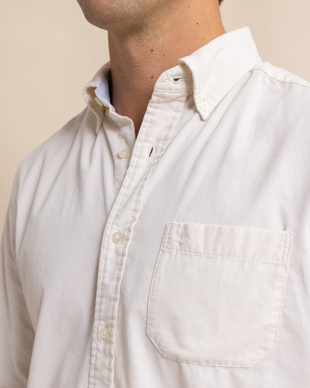 The detail view of the Southern Tide Lightweight Bedford Cord Long Sleeve Sport Shirt by Southern Tide - Oatmeal