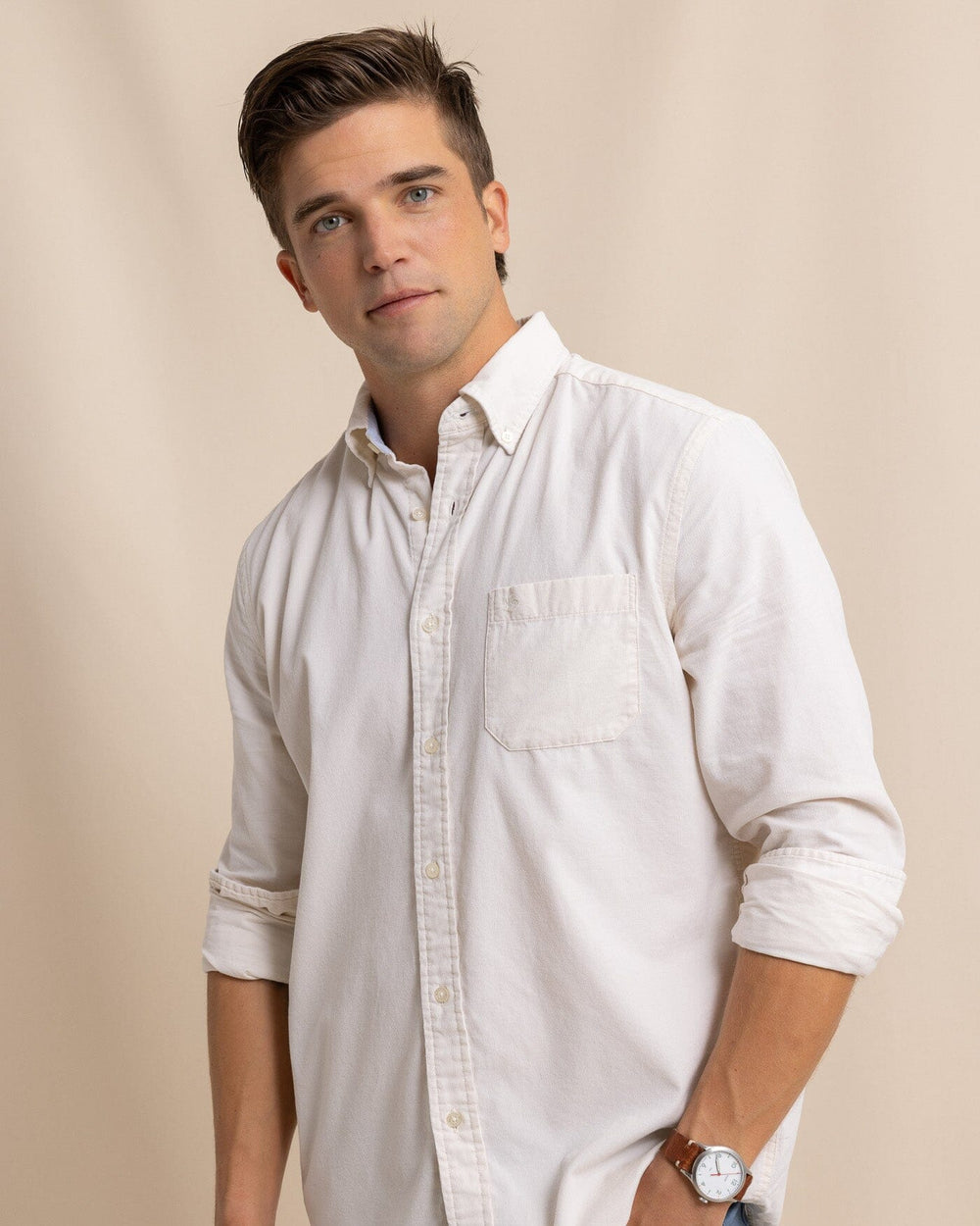 The front view of the Southern Tide Lightweight Bedford Cord Long Sleeve Sport Shirt by Southern Tide - Oatmeal