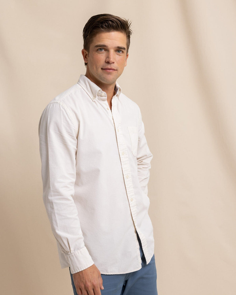 The side view of the Southern Tide Lightweight Bedford Cord Long Sleeve Sport Shirt by Southern Tide - Oatmeal