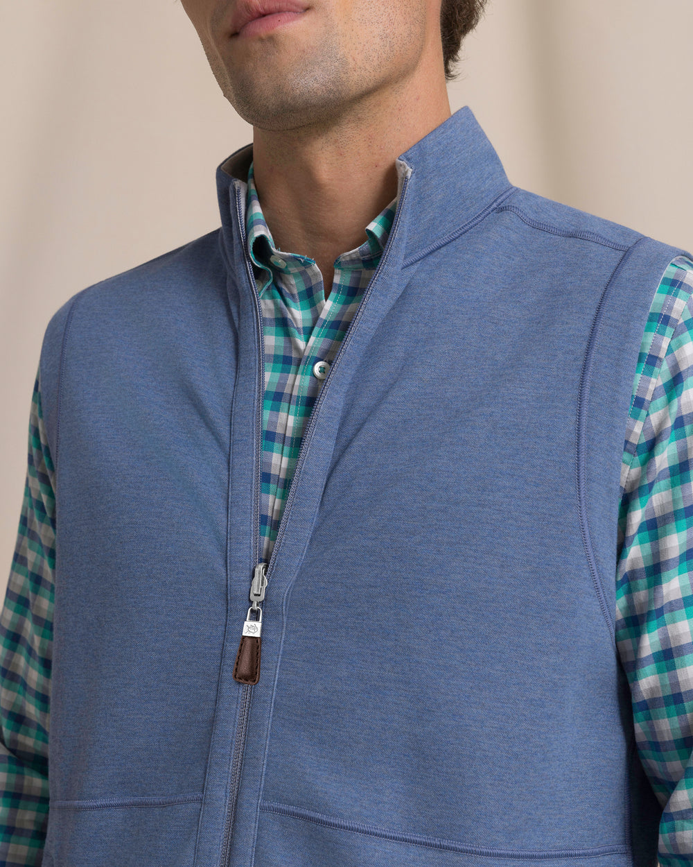 The detail view of the Southern Tide Lightweight Knit Heather Reversible Vest by Southern Tide - Heather Anchor Grey