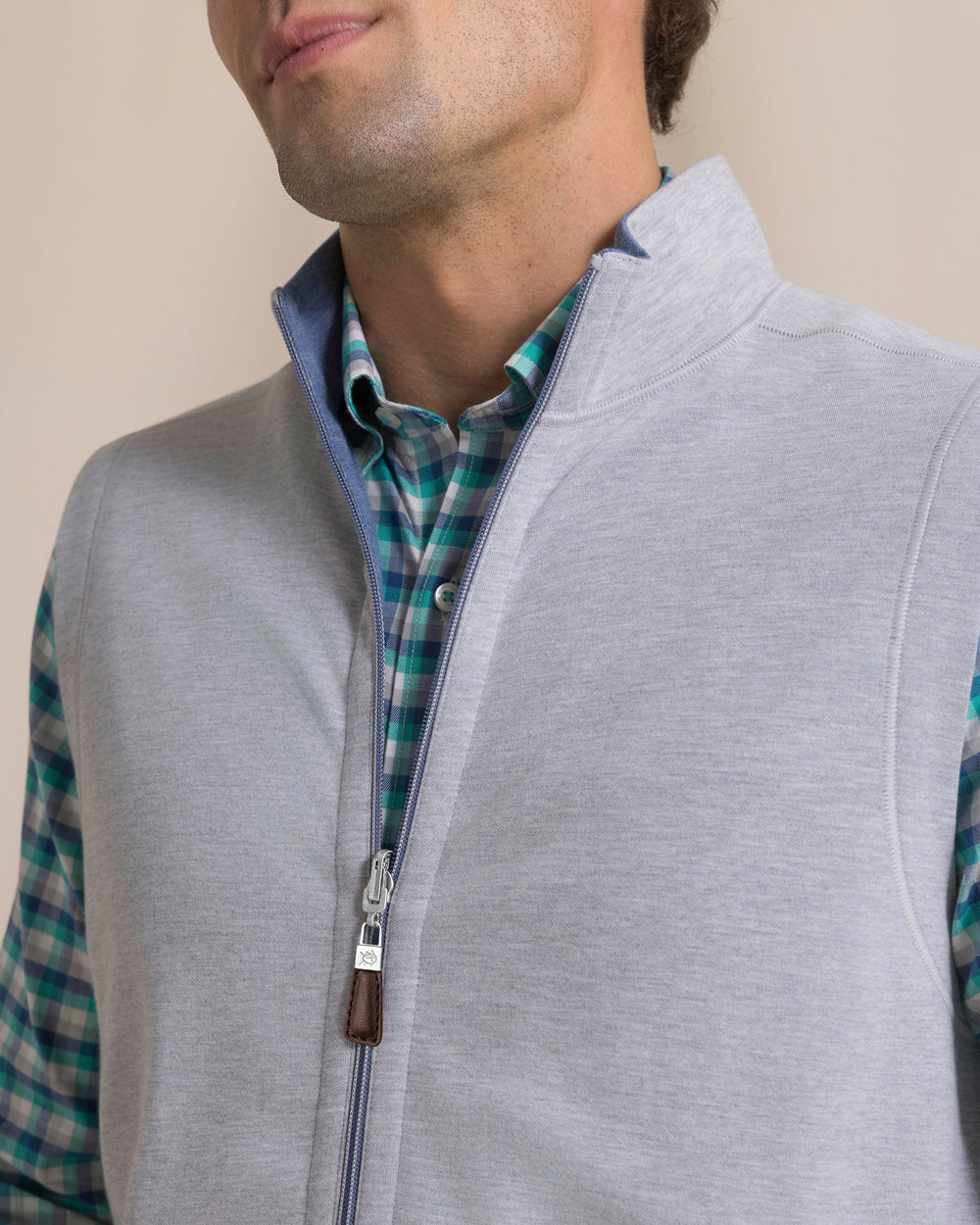 The detail view of the Southern Tide Lightweight Knit Heather Reversible Vest by Southern Tide - Heather Anchor Grey