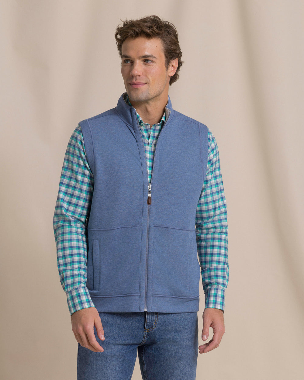 The front view of the Southern Tide Lightweight Knit Heather Reversible Vest by Southern Tide - Heather Anchor Grey