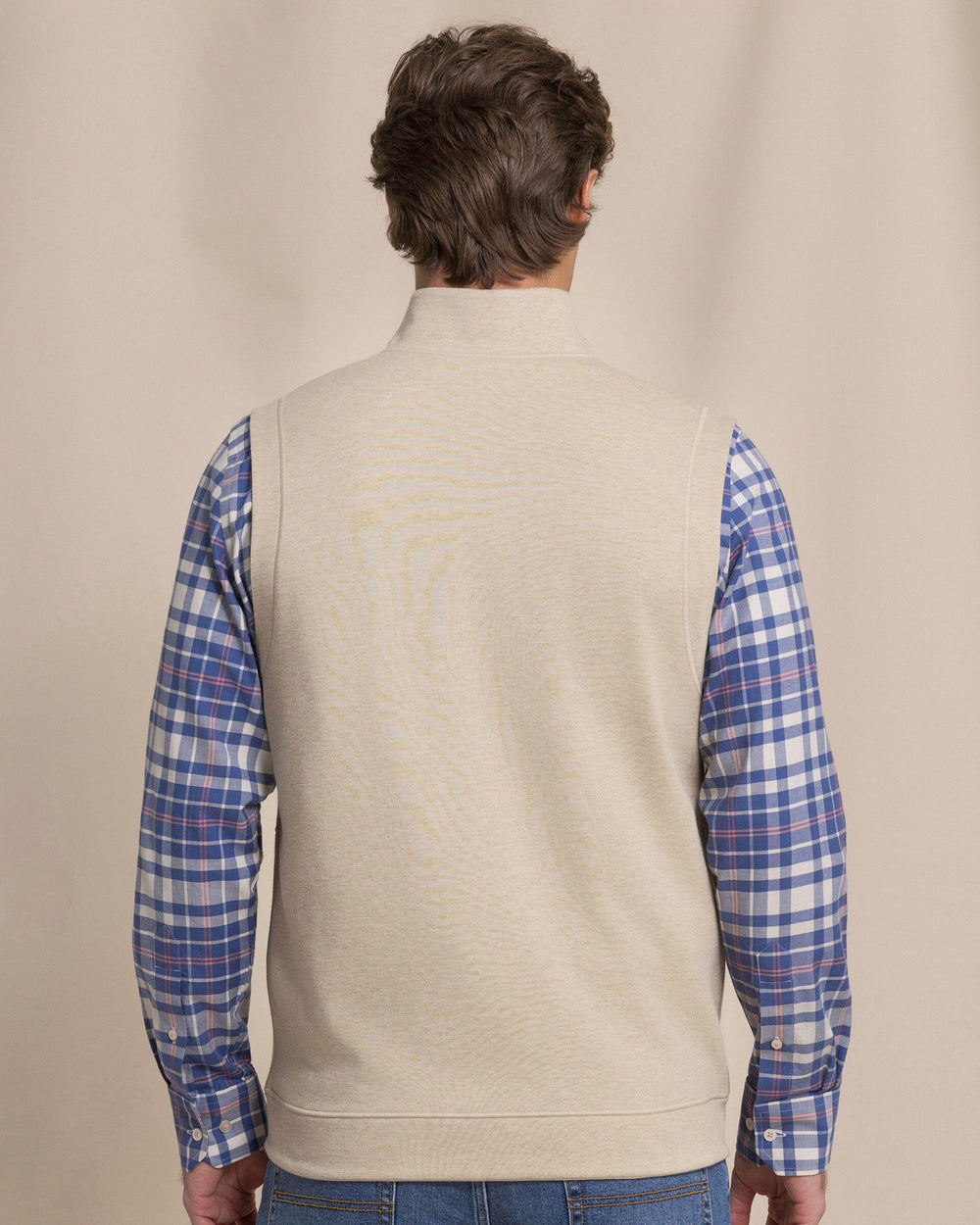 The back view of the Southern Tide Lightweight Knit Heather Reversible Vest by Southern Tide - Heather Sandstone Khaki