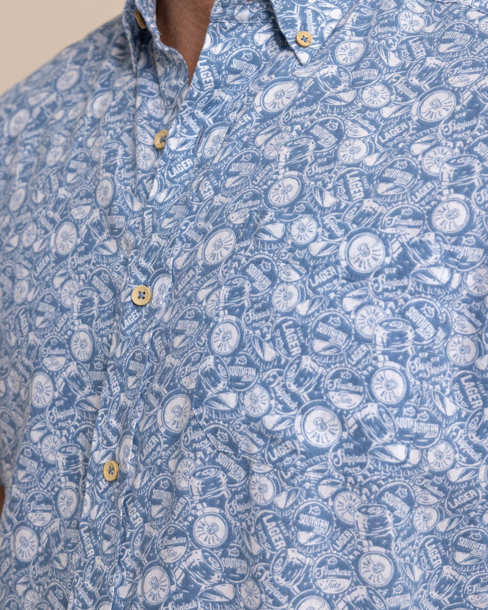 The detail view of the Southern Tide Linen Rayon Caps Off Short Sleeve Sport Shirt by Southern Tide - Coronet Blue