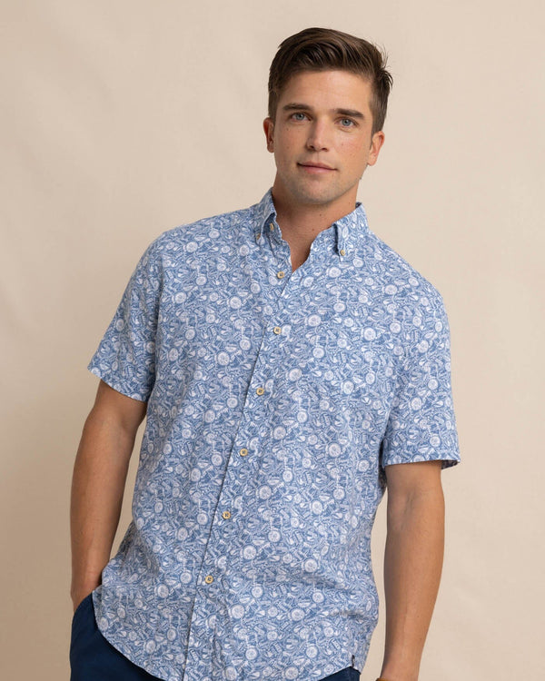 The front view of the Southern Tide Linen Rayon Caps Off Short Sleeve Sport Shirt by Southern Tide - Coronet Blue