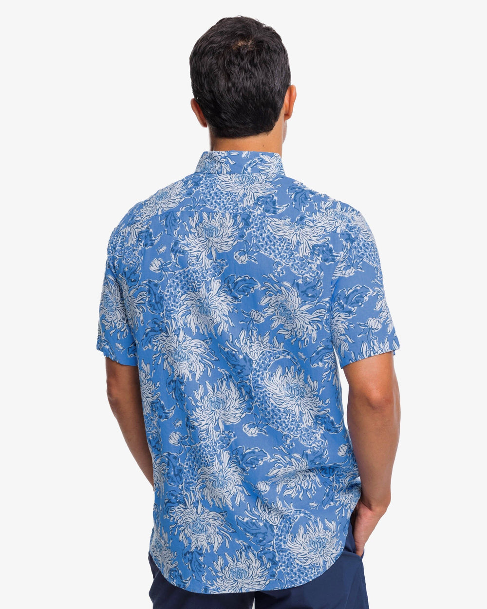 The back view of the Croc and Lock It Short Sleeve Sport Shirt by Southern Tide - Boca Blue