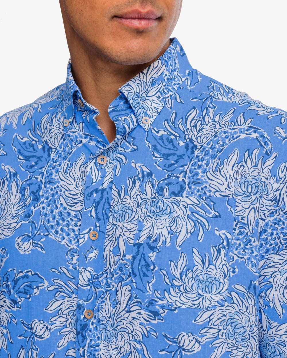 The detail view of the Croc and Lock It Short Sleeve Sport Shirt by Southern Tide - Boca Blue