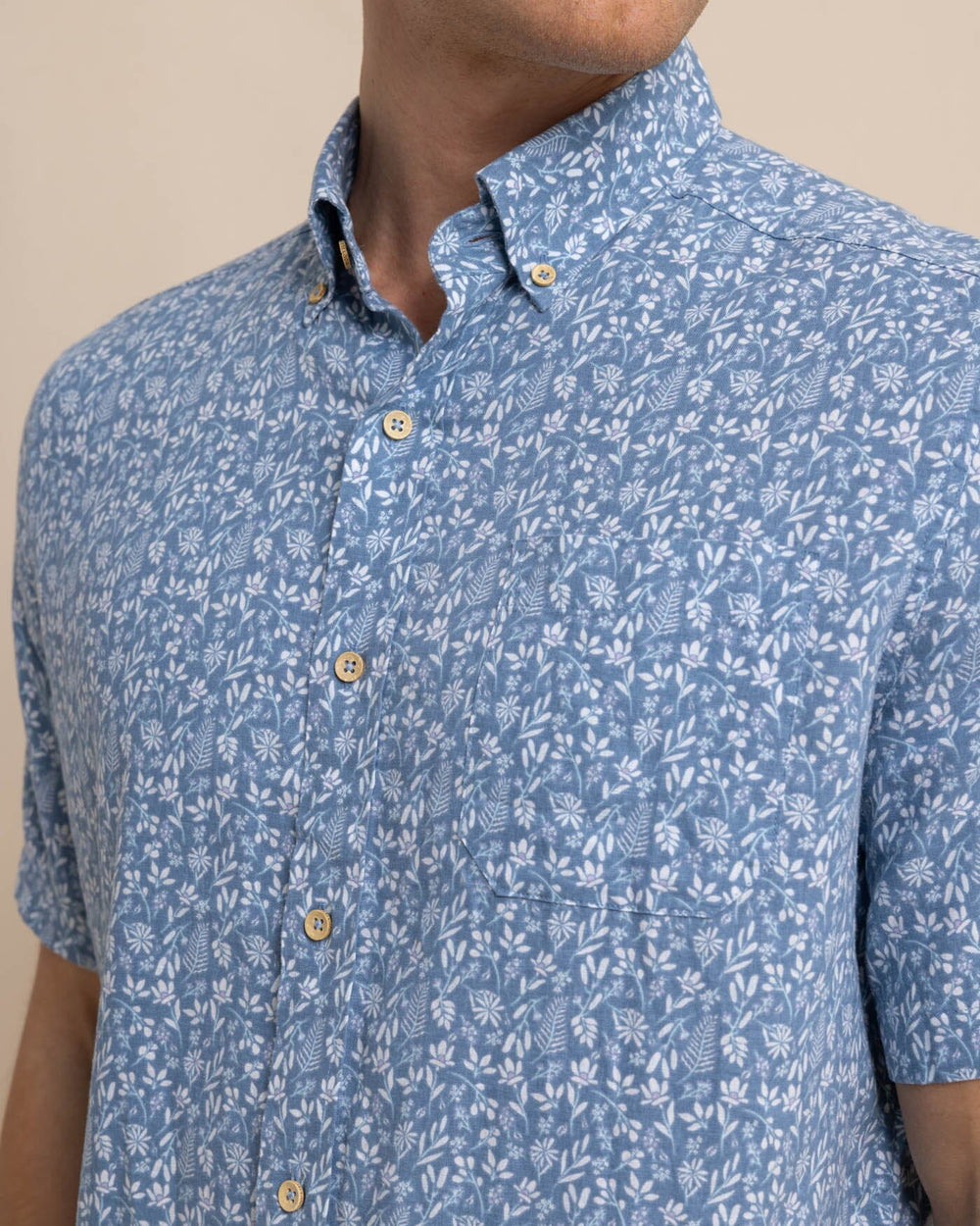 The detail view of the Southern Tide Linen Rayon Ditzy Floral Short Sleeve Sport Shirt by Southern Tide - Coronet Blue