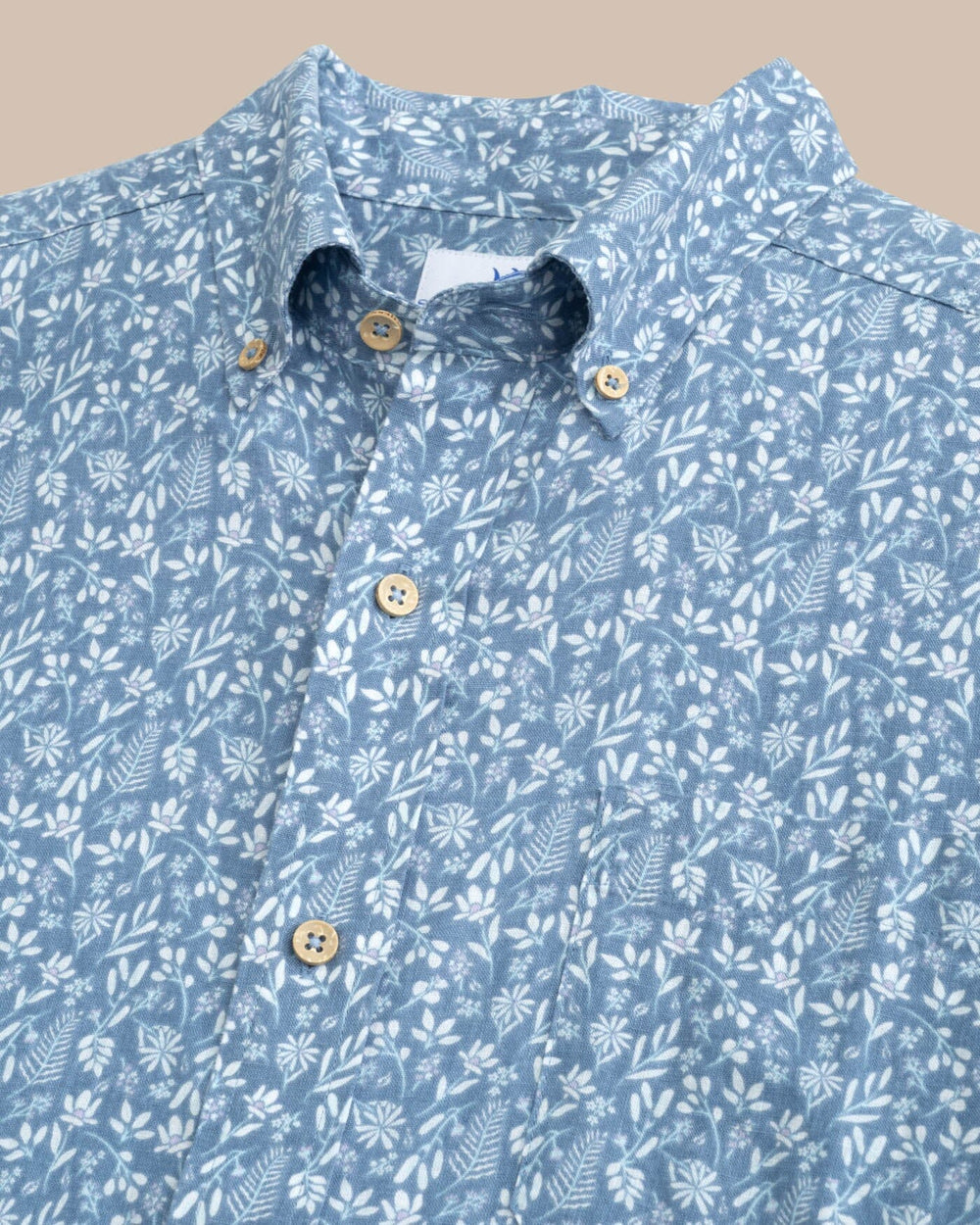 The detail view of the Southern Tide Linen Rayon Ditzy Floral Short Sleeve Sport Shirt by Southern Tide - Coronet Blue