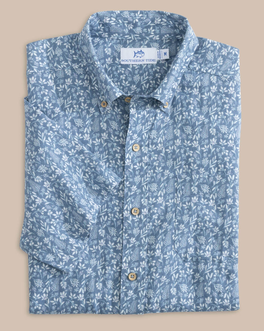 The front view of the Southern Tide Linen Rayon Ditzy Floral Short Sleeve Sport Shirt by Southern Tide - Coronet Blue