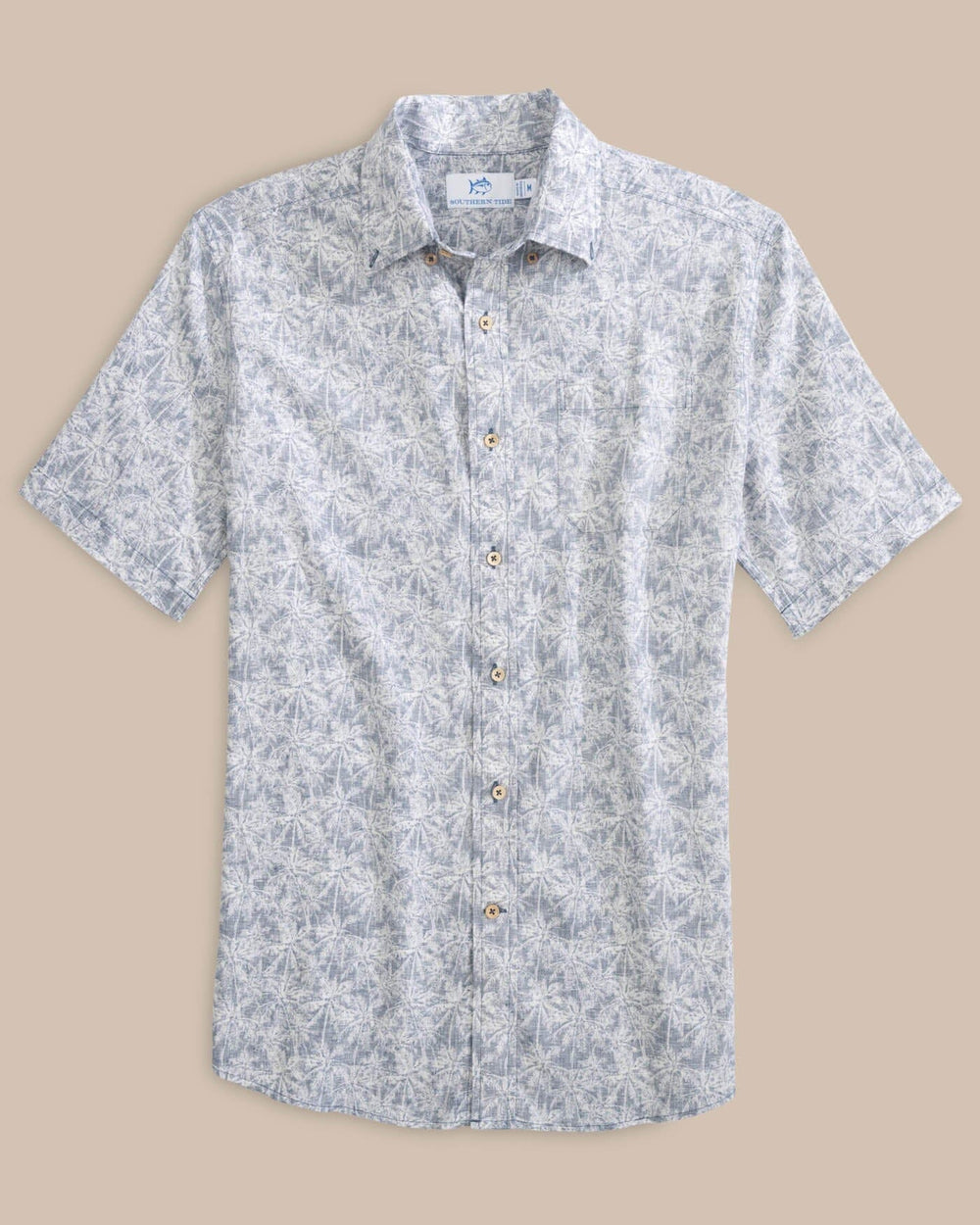 The front view of the Southern Tide Linen Rayon Keep Palm and Carry On Print Sport Shirt by Southern Tide - Aged Denim