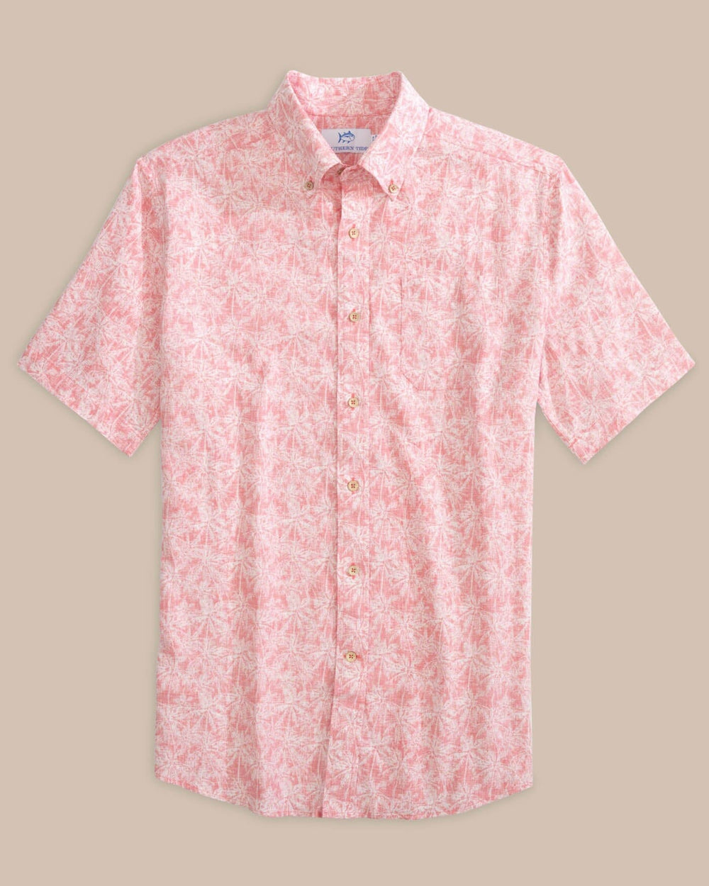 The front view of the Southern Tide Linen Rayon Keep Palm and Carry On Print Sport Shirt by Southern Tide - Rosewood Red