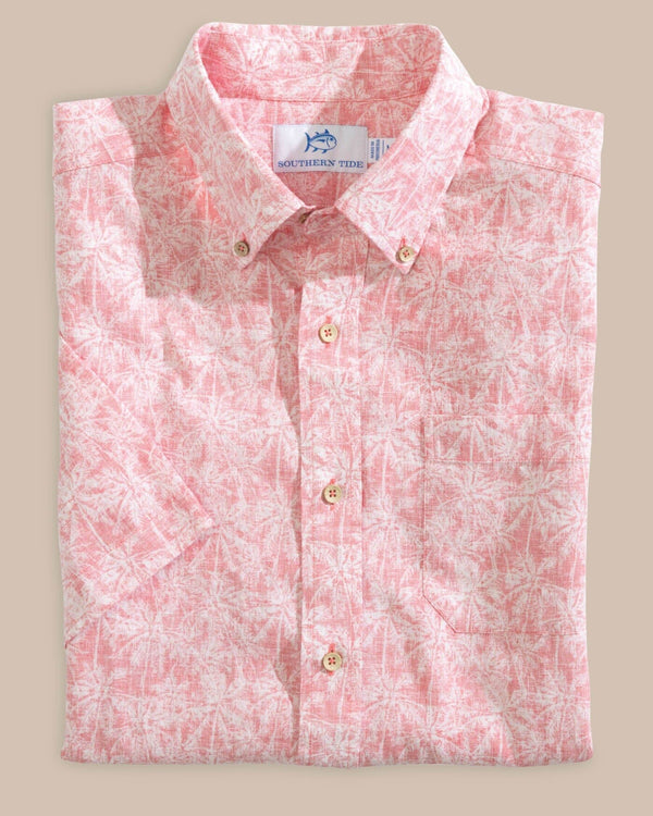 The folded view of the Southern Tide Linen Rayon Keep Palm and Carry On Print Sport Shirt by Southern Tide - Rosewood Red