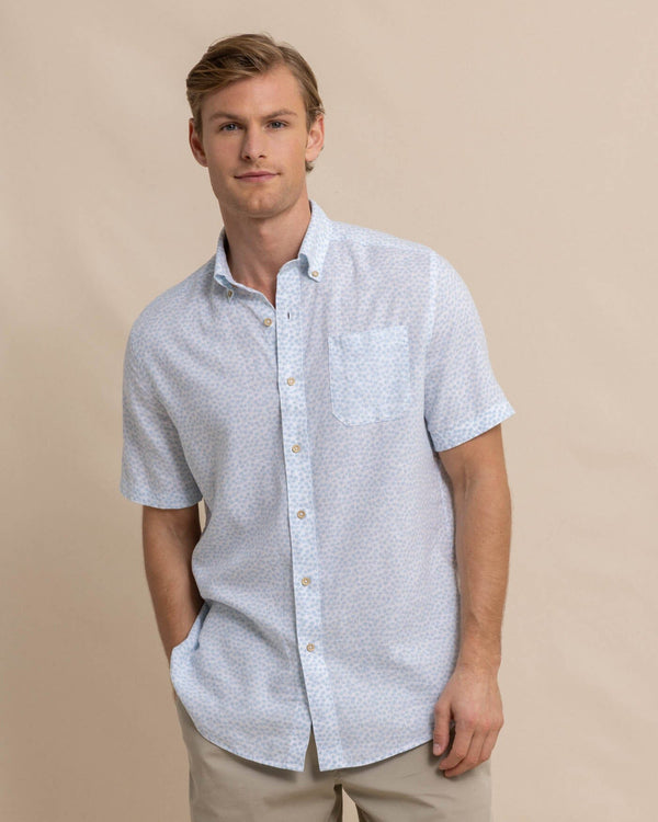 The front view of the Southern Tide Linen Rayon Palm and Breezy Short Sleeve Sport Shirt by Southern Tide - Clearwater Blue