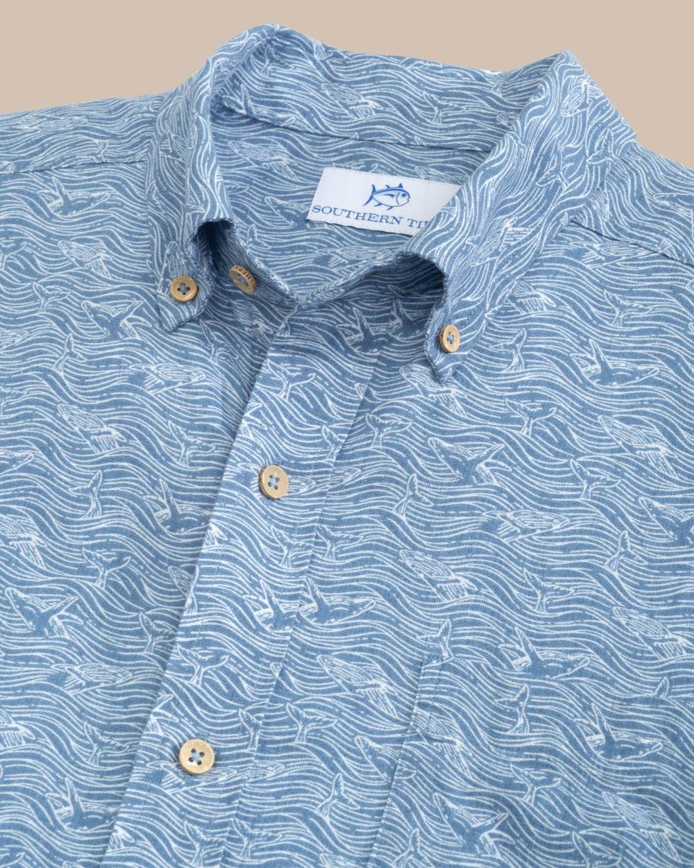 The detail view of the Southern Tide Linen Rayon The Whaler Short Sleeve SportShirt by Southern Tide - Coronet Blue
