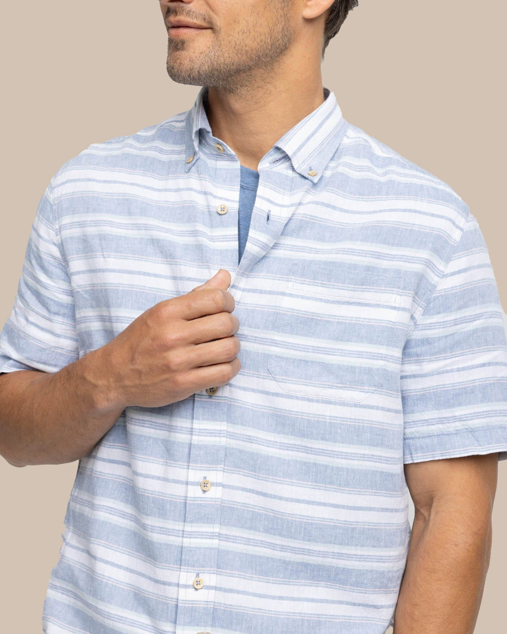 The detail view of the Southern Tide Linen Rayon Timmonsok Stripe Short Sleeve Sport Shirt by Southern Tide - Coronet Blue
