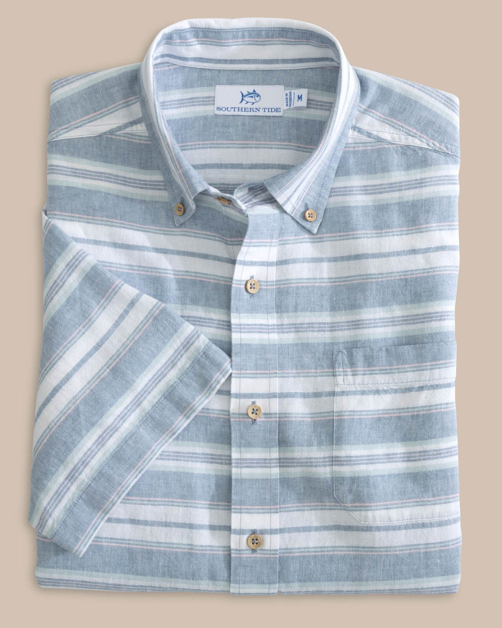 The front view of the Southern Tide Linen Rayon Timmonsok Stripe Short Sleeve Sport Shirt by Southern Tide - Coronet Blue