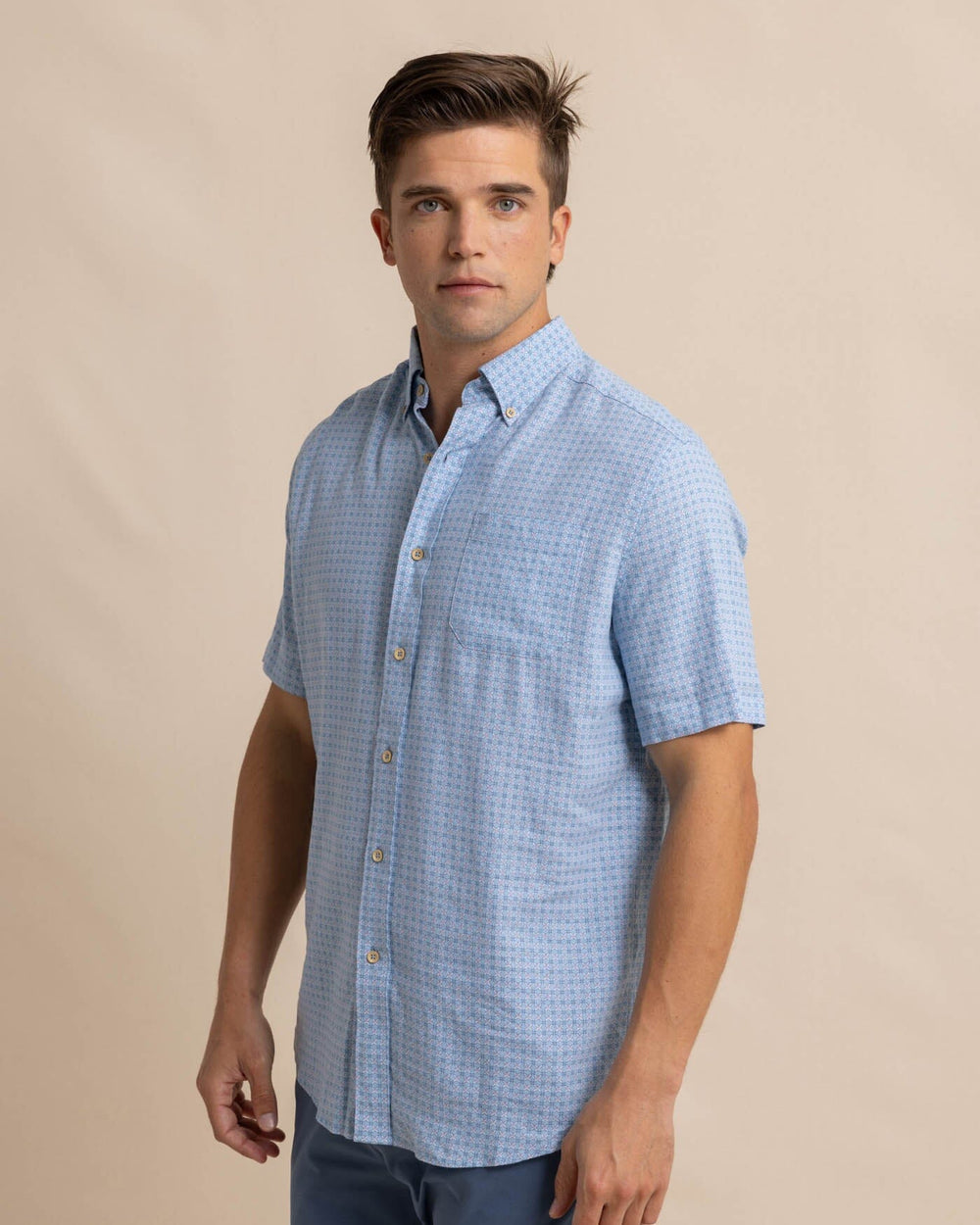 The front view of the Southern Tide Linen Rayon White Lotus Short Sleeve Sport Shirt by Southern Tide - Clearwater Blue