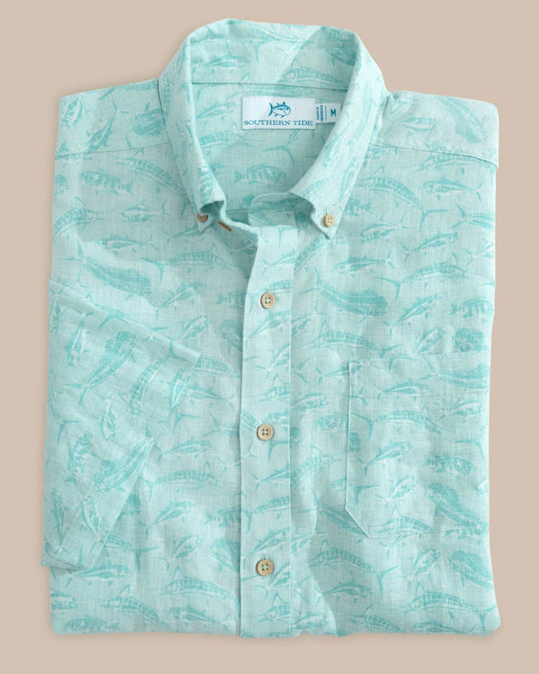 The front view of the Southern Tide Linen Rayon You've Been Schooled Short Sleeve Sportshirt by Southern Tide - Wake Blue
