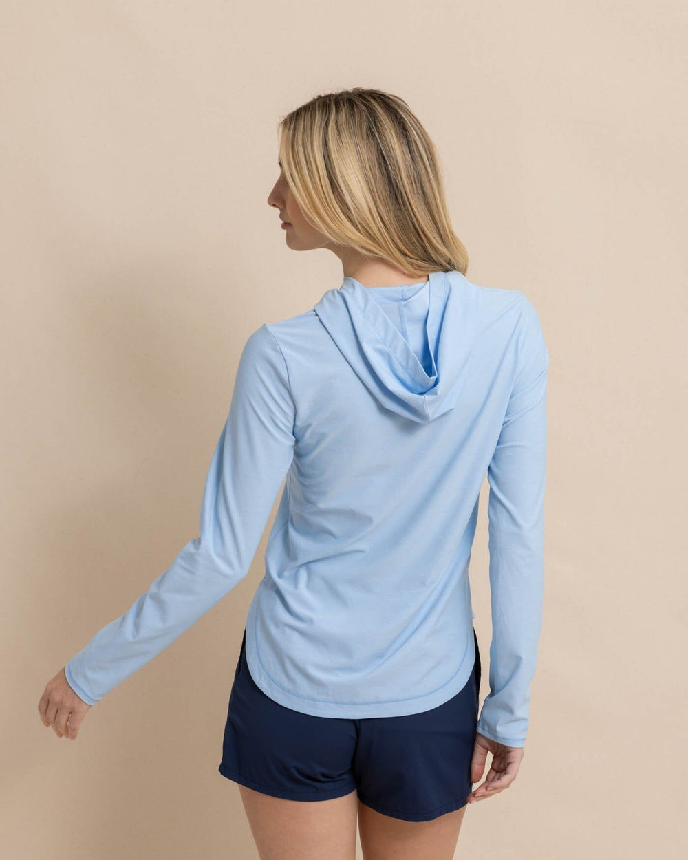 The back view of the Southern Tide Linley brrr illiant Performance Hoodie by Southern Tide - Clearwater Blue
