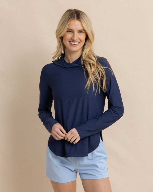 The front view of the Southern Tide Linley brrr illiant Performance Hoodie by Southern Tide - Nautical Navy