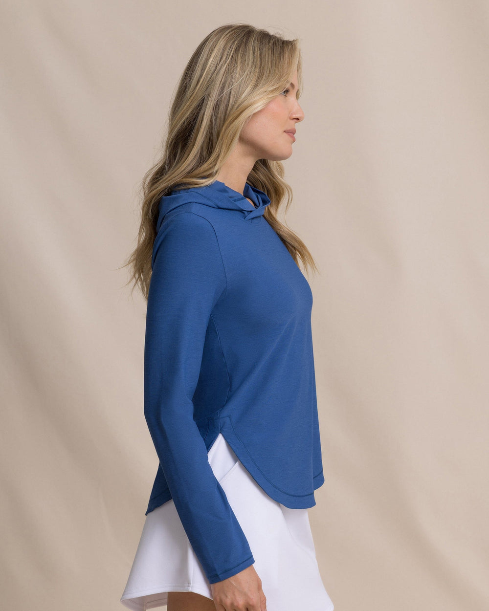 The side view of the Southern Tide Linley Coastal Breeze® Performance Hoodie by Southern Tide - Nautical Blue