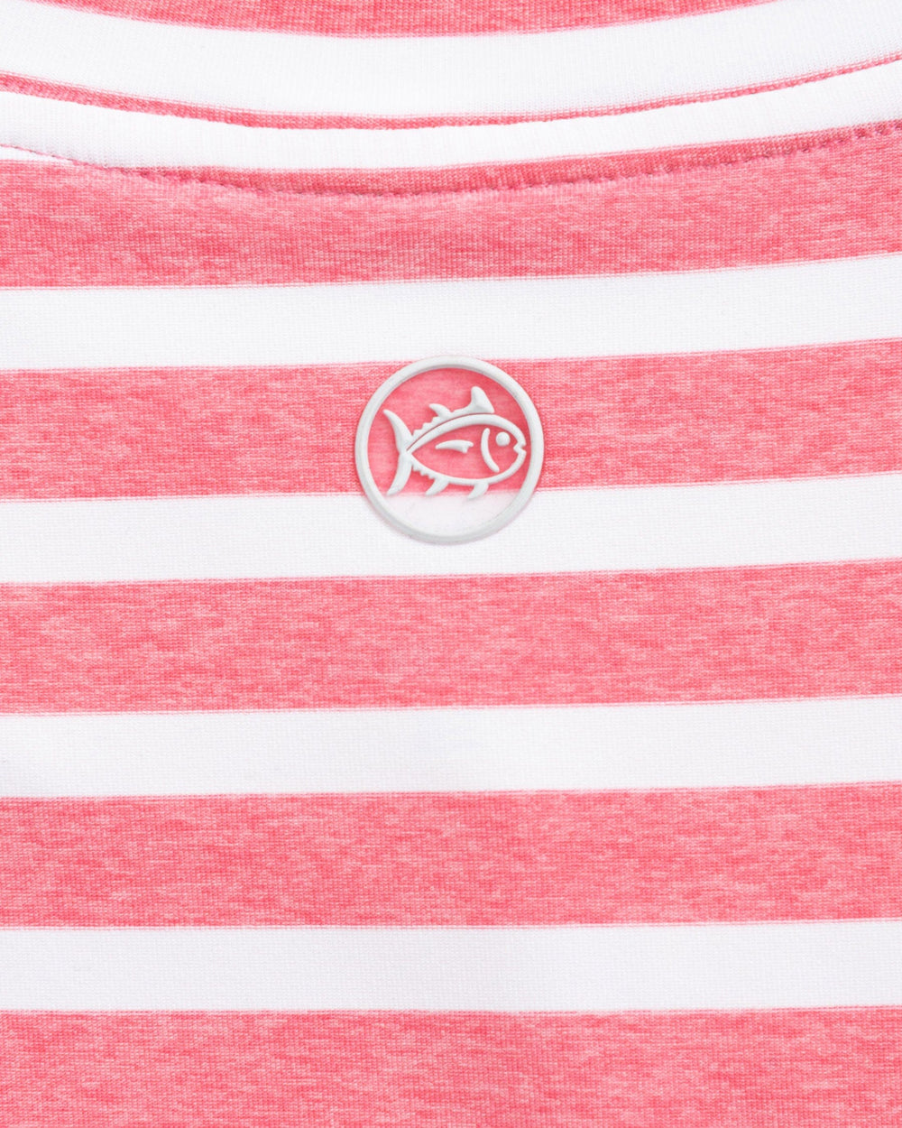 The detail view of the Southern Tide Linley Stripe Coastal Breeze® Performance Crew by Southern Tide - Island Pink