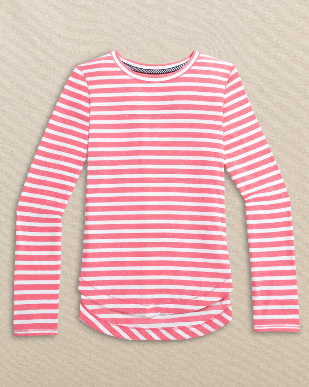 The front view of the Southern Tide Linley Stripe Coastal Breeze® Performance Crew by Southern Tide - Island Pink