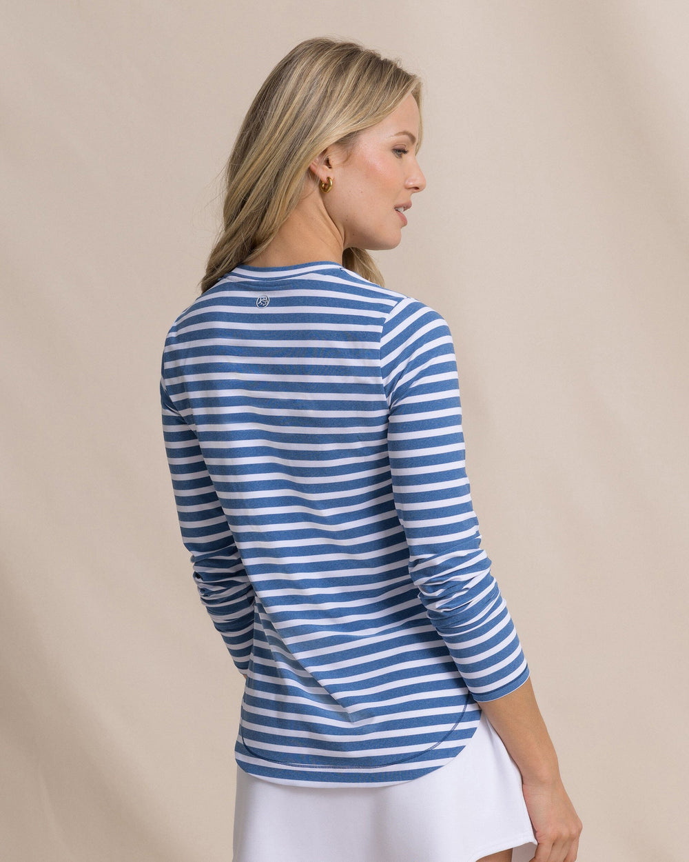 The back view of the Southern Tide Linley Stripe Coastal Breeze® Performance Crew by Southern Tide - Nautical Blue