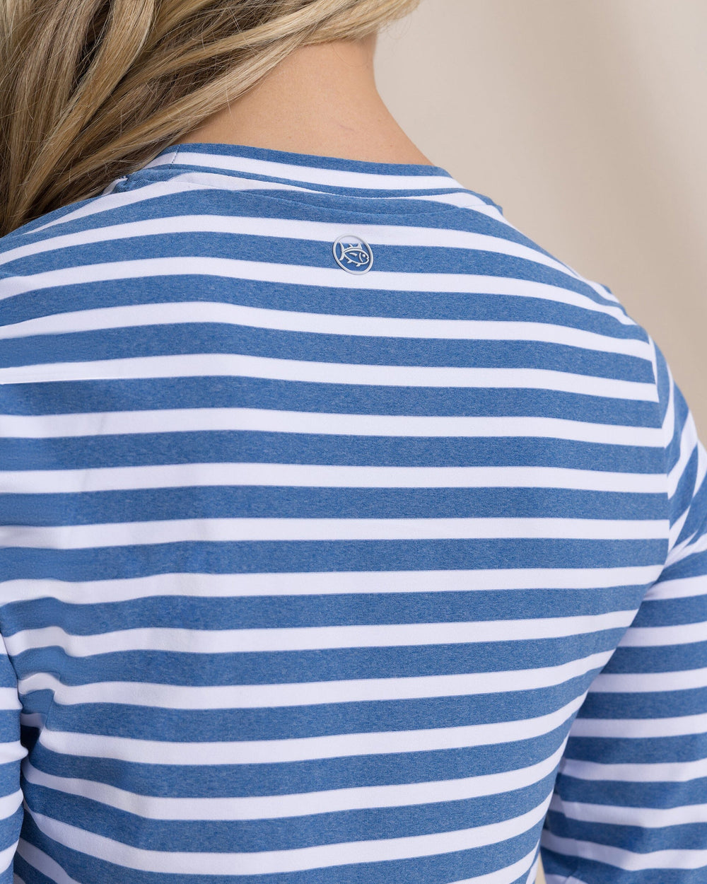 The detail view of the Southern Tide Linley Stripe Coastal Breeze® Performance Crew by Southern Tide - Nautical Blue