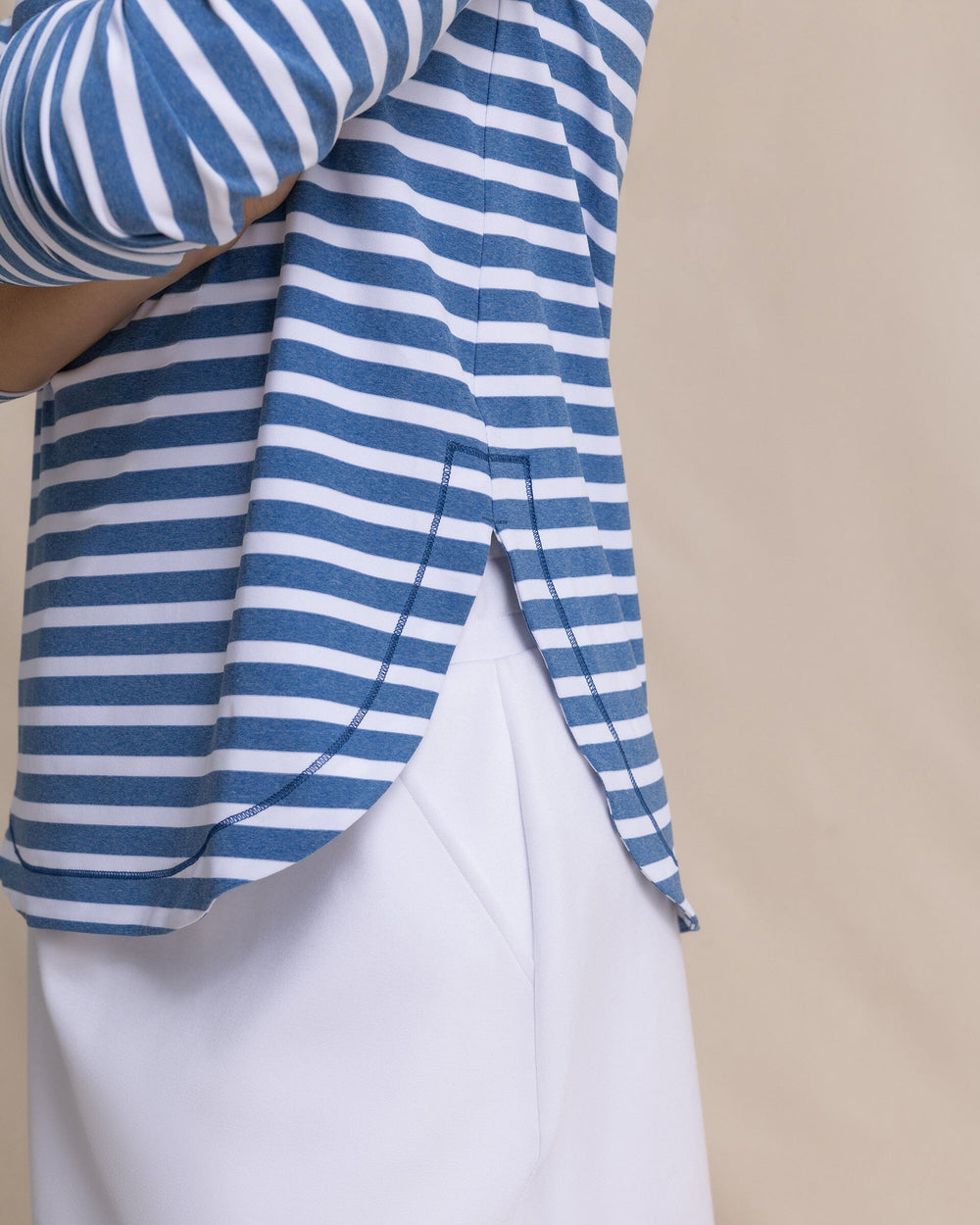 The detail view of the Southern Tide Linley Stripe Coastal Breeze® Performance Crew by Southern Tide - Nautical Blue