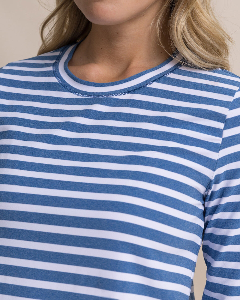 The detail view of the Southern Tide Linley Stripe Coastal Breeze® Performance Crew by Southern Tide - Nautical Blue