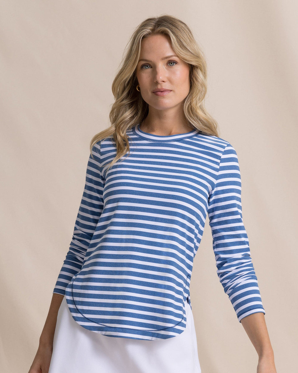 The front view of the Southern Tide Linley Stripe Coastal Breeze® Performance Crew by Southern Tide - Nautical Blue