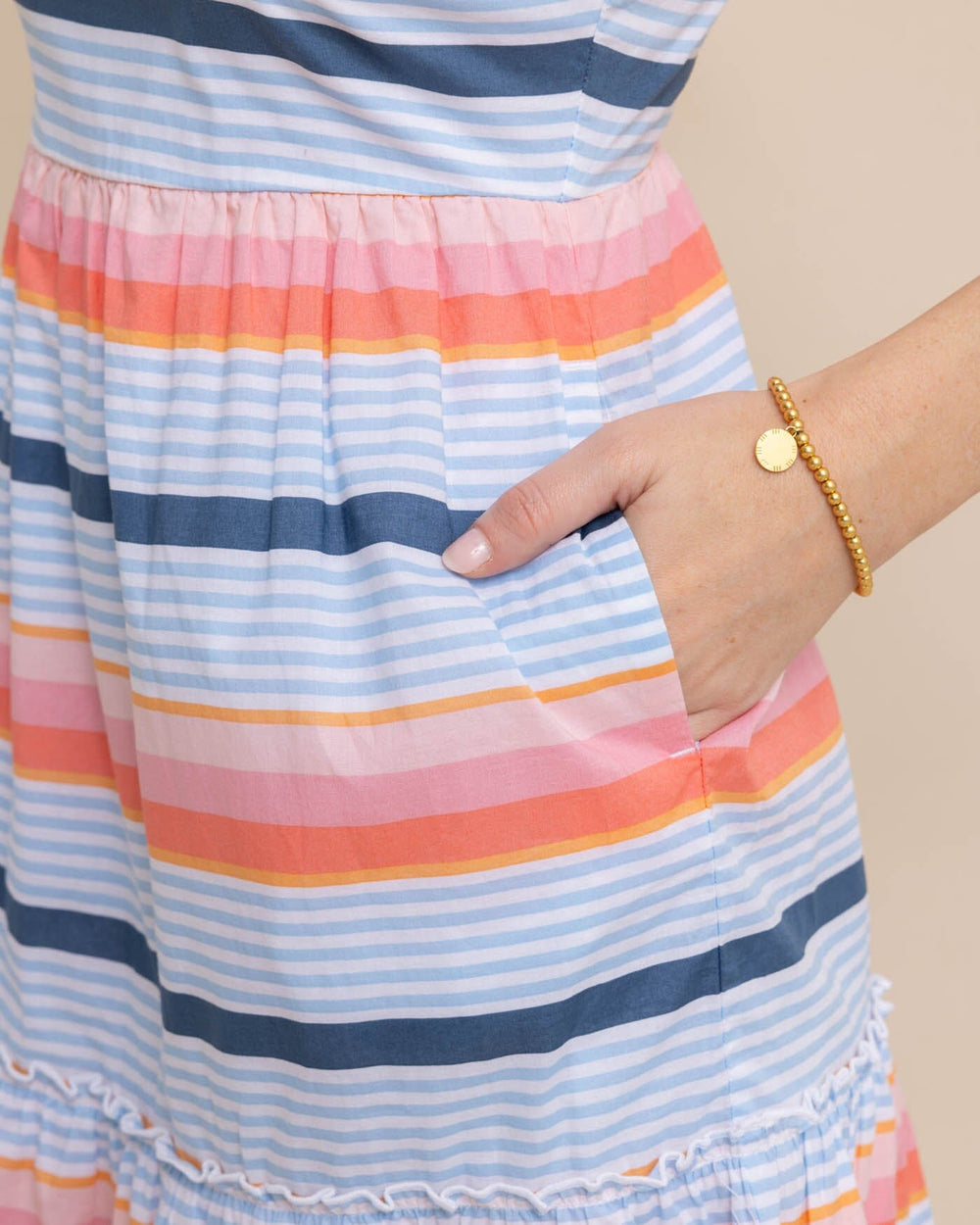 The detail view of the Southern Tide Linsey Set Sail Stripe Dress by Southern Tide - Conch Shell