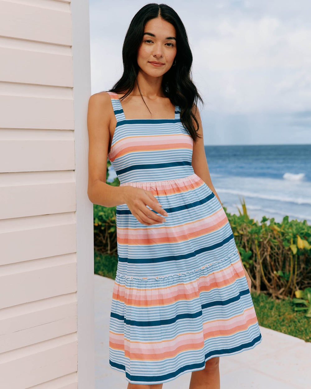 The front view of the Southern Tide Linsey Set Sail Stripe Dress by Southern Tide - Conch Shell