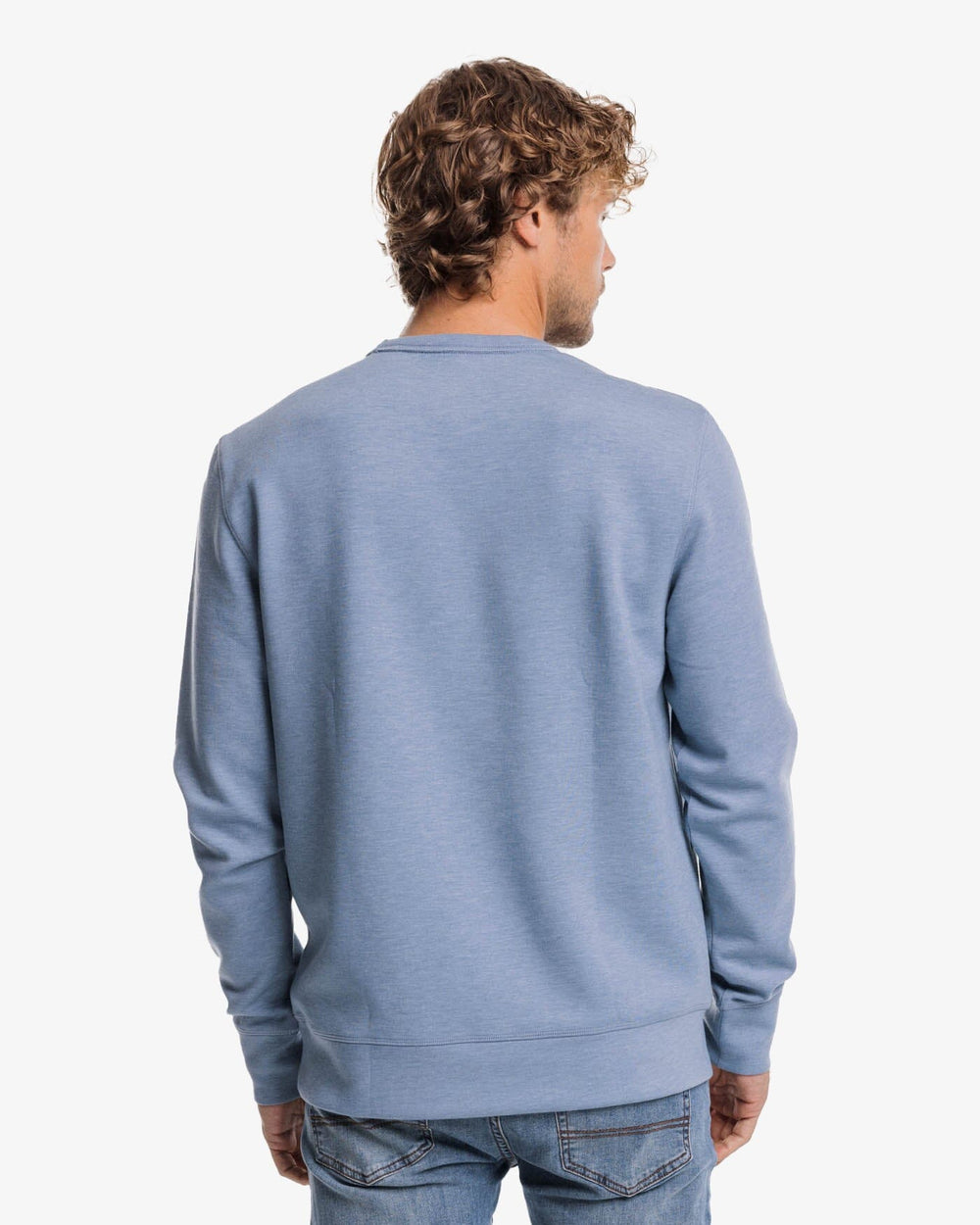 The back view of the Southern Tide Lockley Heather Interlock Crew by Southern Tide - Heather Blue Haze
