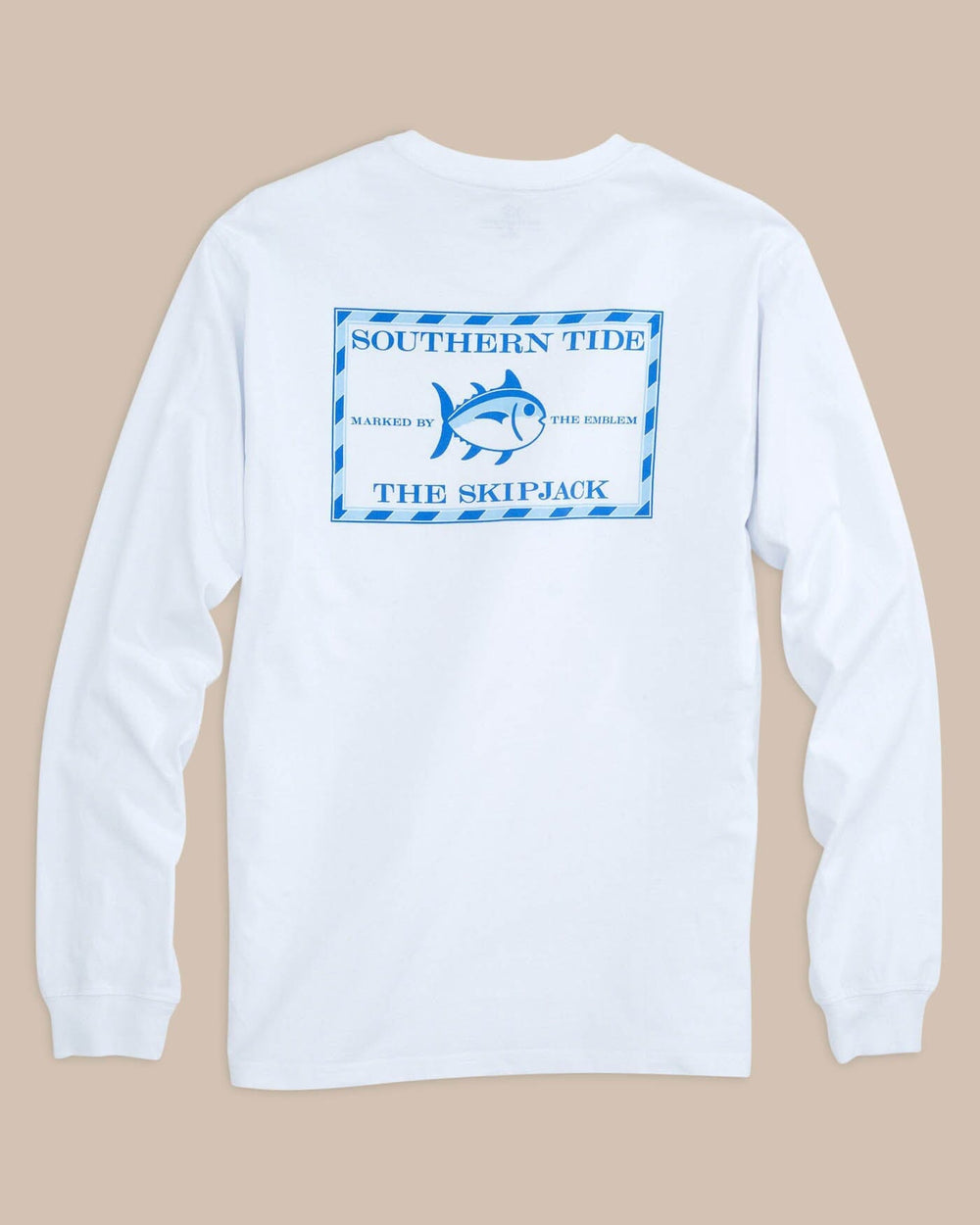 The back view of the Men's White Long Sleeve Original Skipjack T-shirt by Southern Tide - Classic White