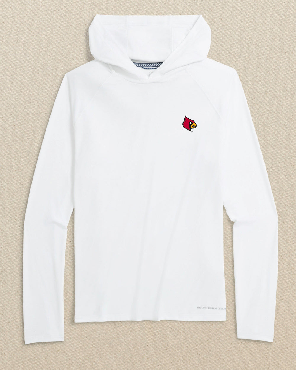 The front view of the Southern Tide Louisville Cardinals brrr°®-illiant Performance Hoodie by Southern Tide - Classic White
