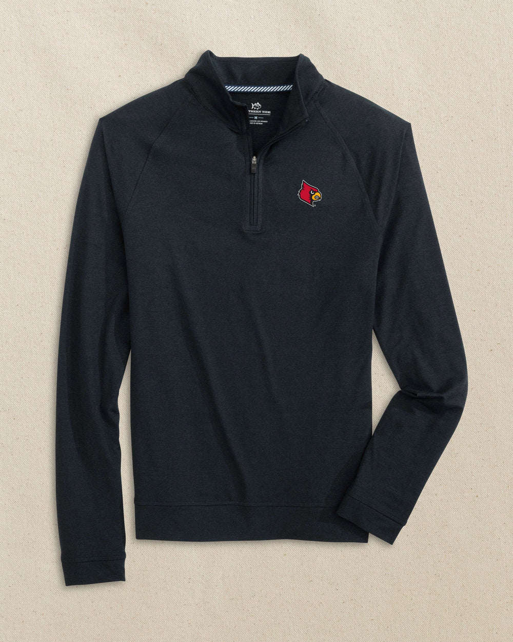 The front view of the Southern Tide Louisville Cardinals Cruiser Quarter Zip by Southern Tide - Heather Caviar Black