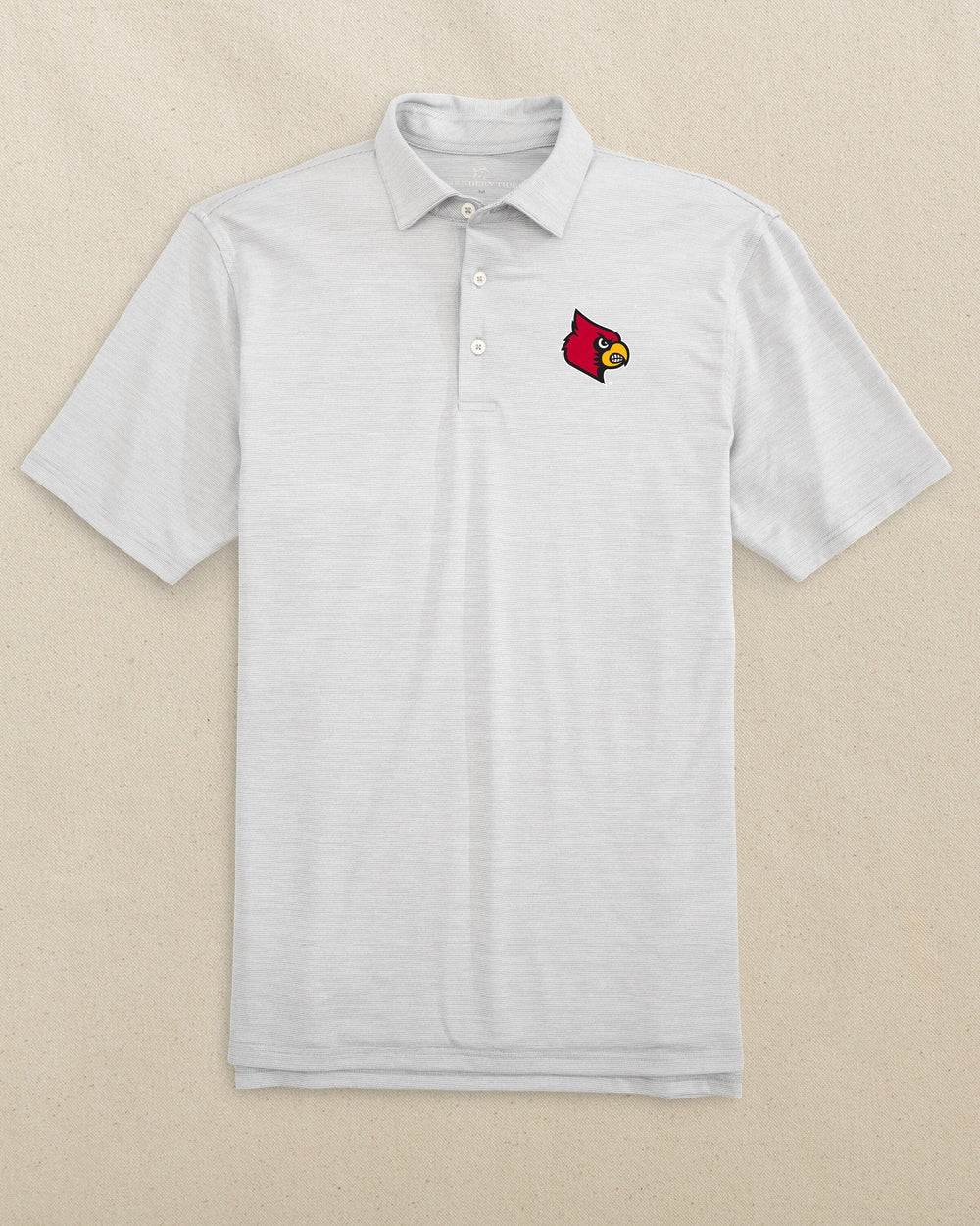 The front view of the Southern Tide Louisville Cardinals Driver Spacedye Polo by Southern Tide - Slate Grey