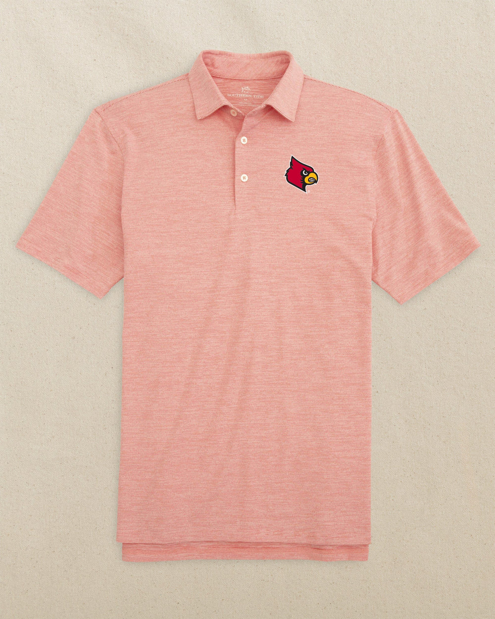 The front view of the Southern Tide Louisville Cardinals Driver Spacedye Polo by Southern Tide - Varsity Red