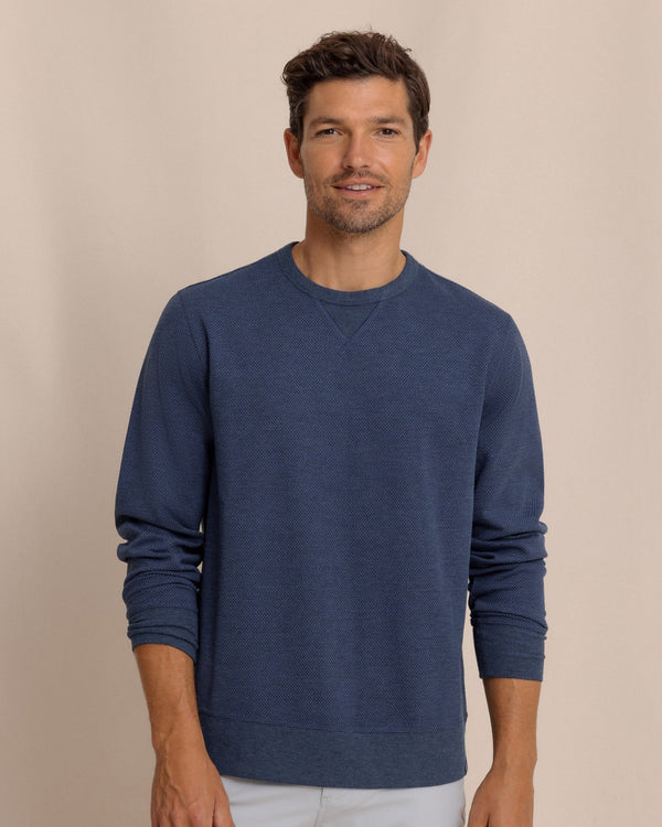 The front view of the Southern Tide Lowland Luxe Textured Crew by Southern Tide - Dark Navy