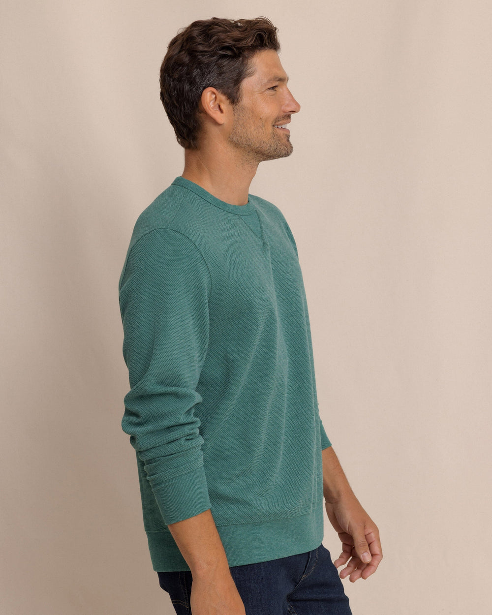 The side view of the Southern Tide Lowland Luxe Textured Crew by Southern Tide - Salt Meadow