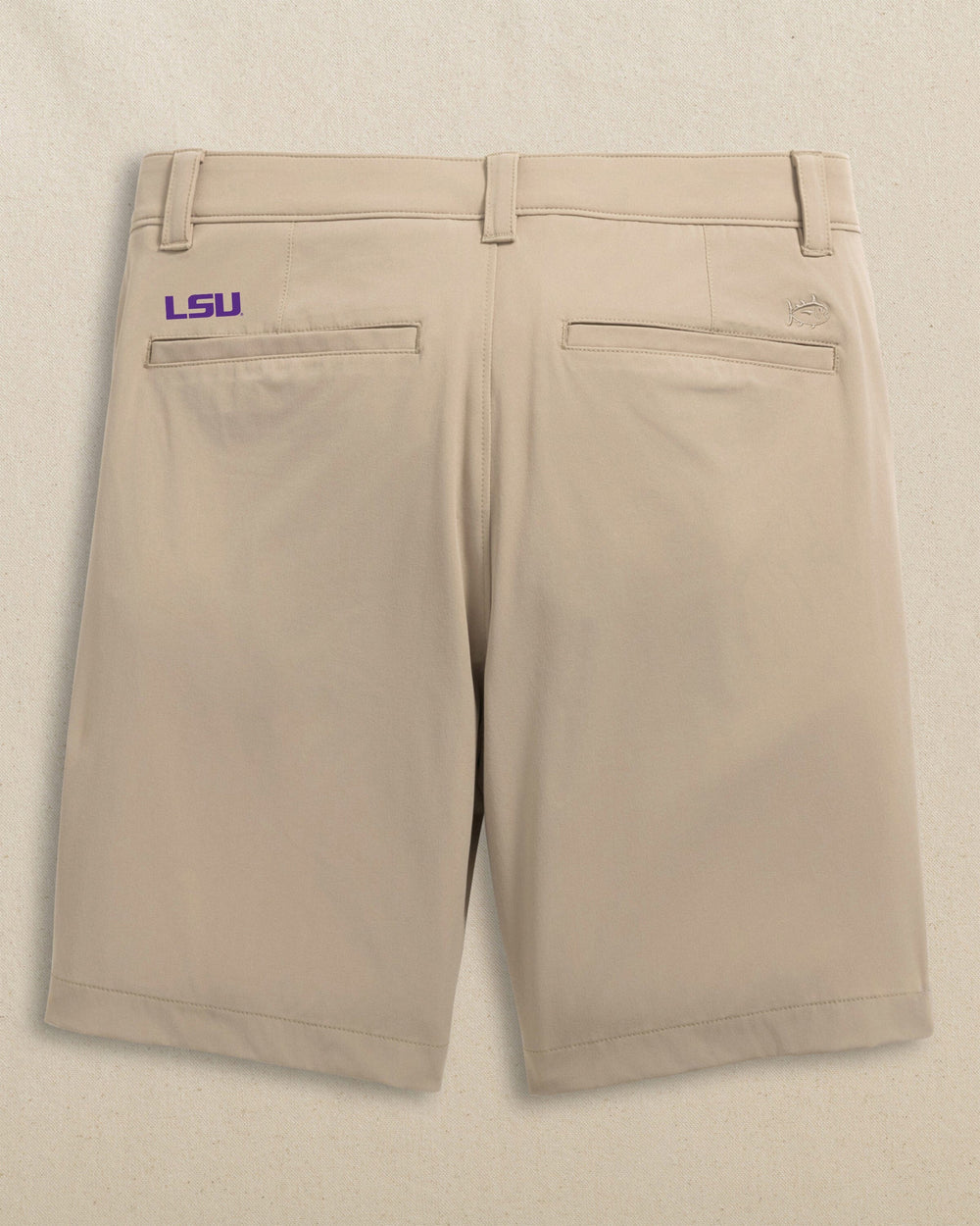 The back view of the Southern Tide LSU Tigers Birdie 8" Coastal Breeze® Performance Short by Southern Tide - Sandstone Khaki