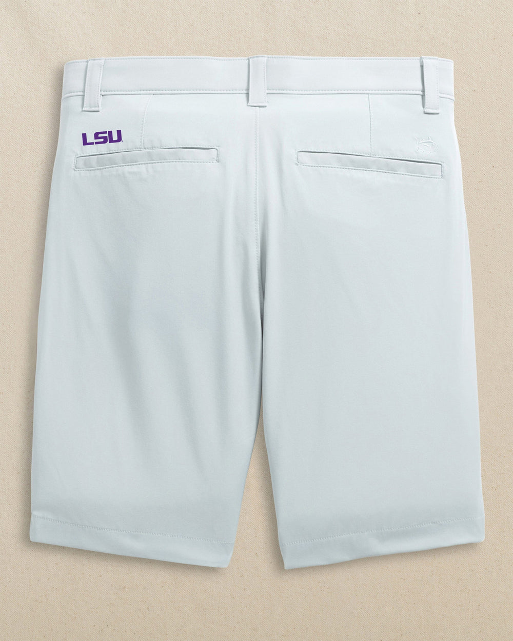The back view of the Southern Tide LSU Tigers Birdie 8" Coastal Breeze® Performance Short by Southern Tide - Seagull Grey