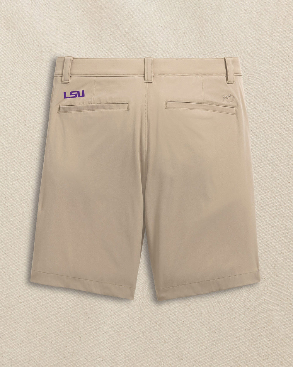 The back view of the Southern Tide LSU Tigers brrr°®-die 8" Performance Short by Southern Tide - Sandstone Khaki