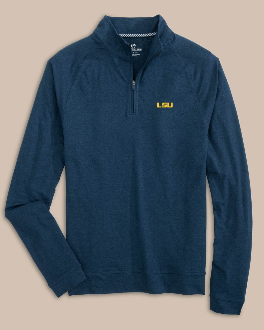 The front view of the LSU Tigers Cruiser Heather Quarter Zip Pullover by Southern Tide - Heather Dress Blue