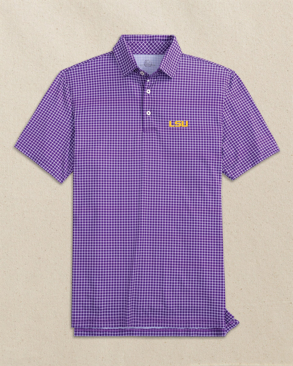 The front view of the Southern Tide LSU Tigers Driver Dunes Edge Plaid Polo by Southern Tide - Regal Purple