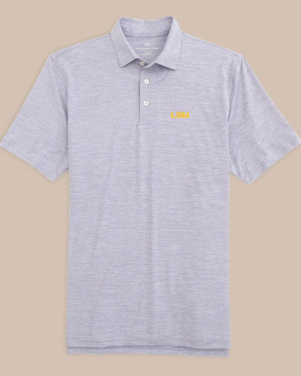 The front view of the LSU Tigers Driver Spacedye Polo Shirt by Southern Tide - Regal Purple