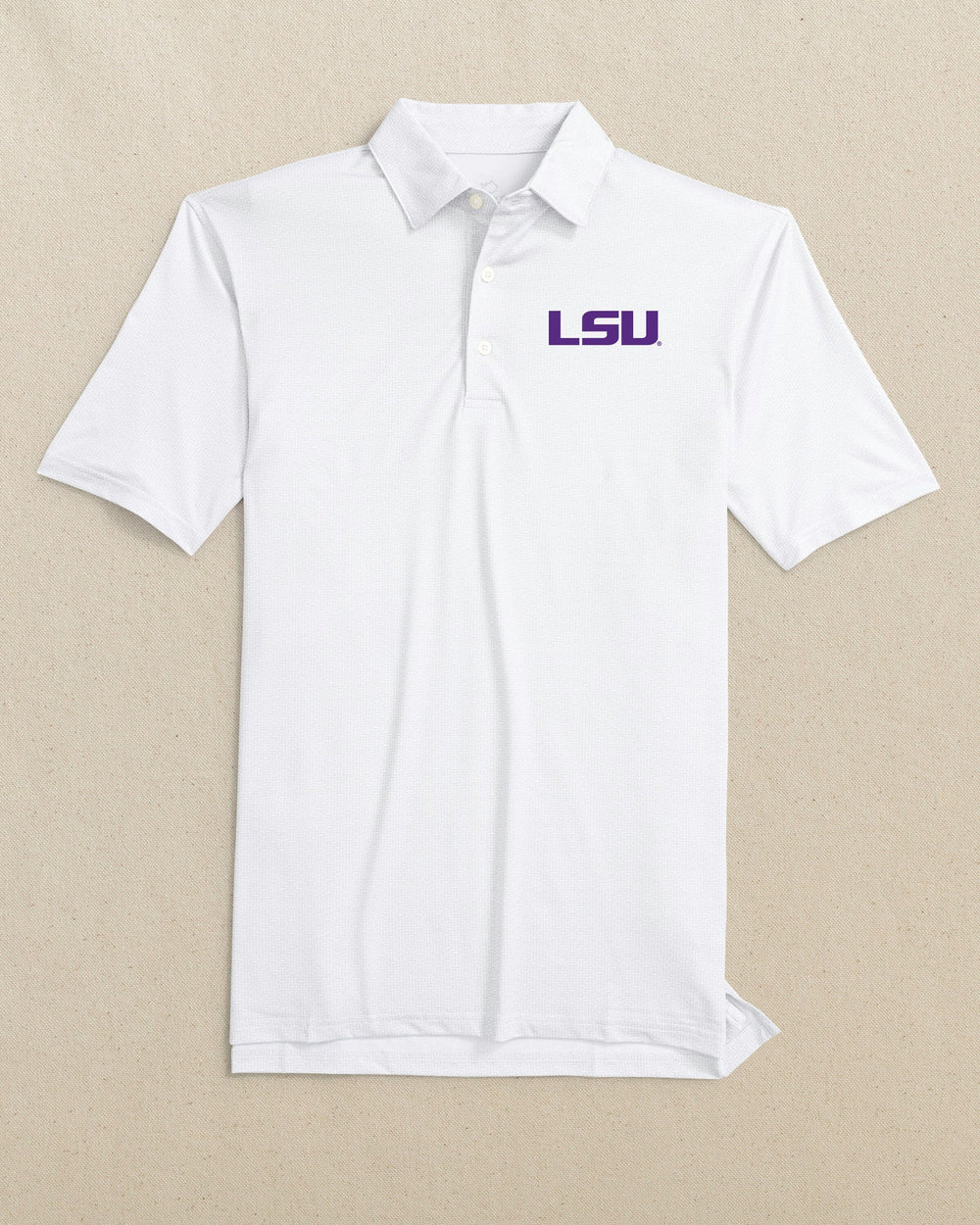 The front view of the Southern Tide LSU Tigers Driver ST Geo Printed Polo by Southern Tide - Classic White